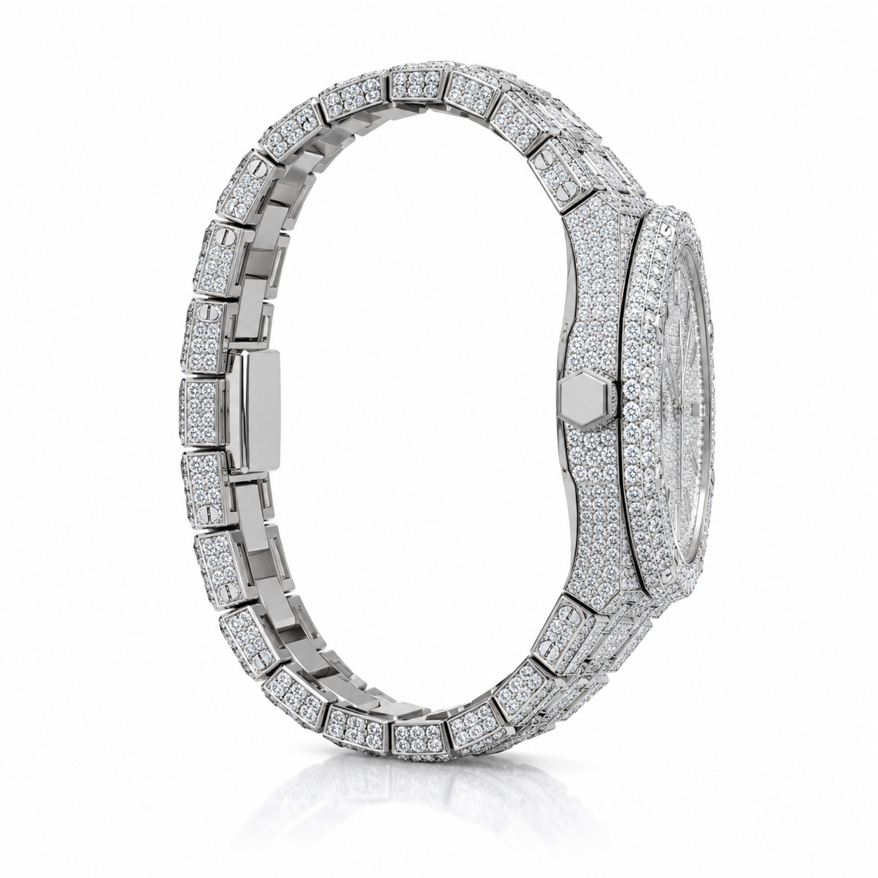 Iced Out Octagonal Date Dial Silver-Tone Watch – Custom Diamond Statement Watch