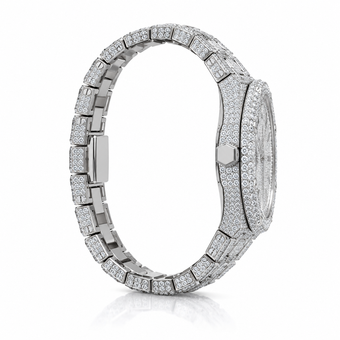 Iced Out Octagonal Date Dial Silver-Tone Watch – Custom Diamond Statement Watch