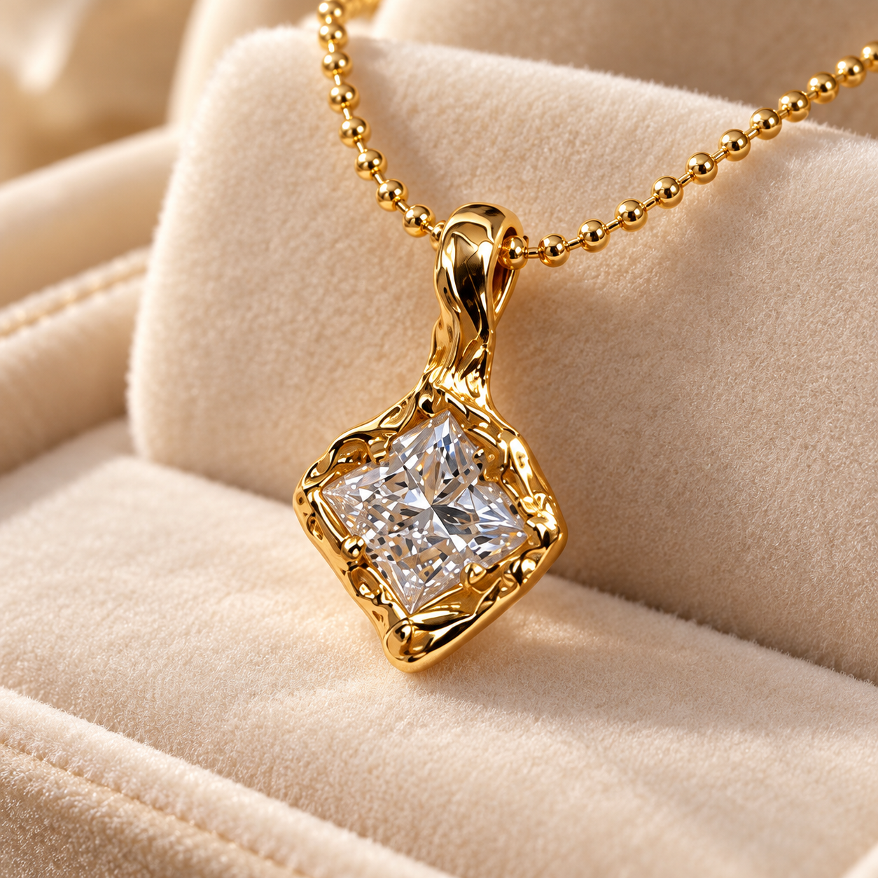 Princess Cut Solitaire Organic Frame Yellow Gold Pendant Necklace