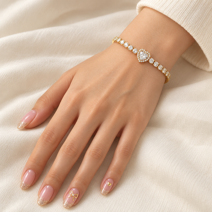 Heart Cut Halo Bangle Bracelet in Yellow Gold Tone