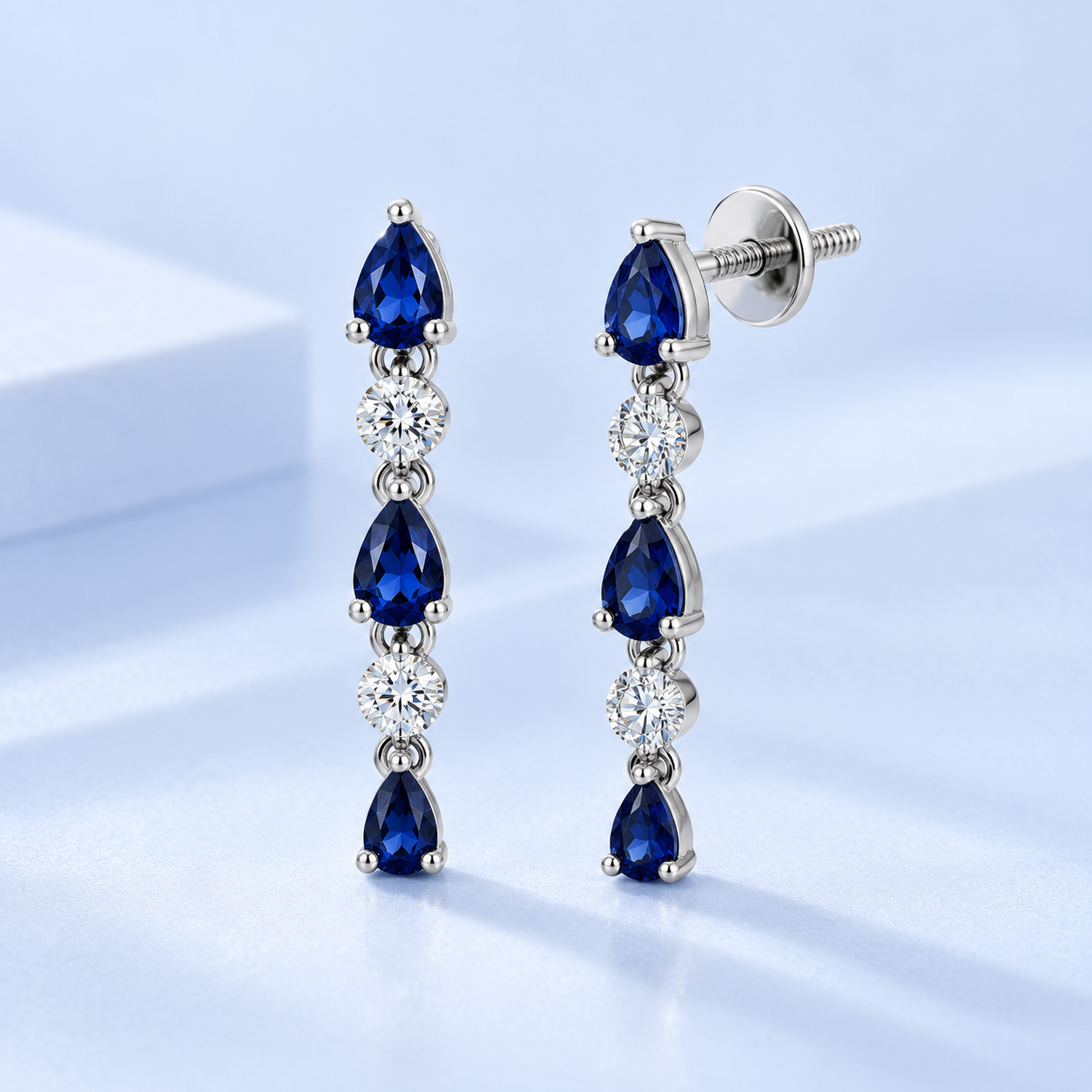 Blue Pear & Round White Stone Drop Earrings with Screw Backs