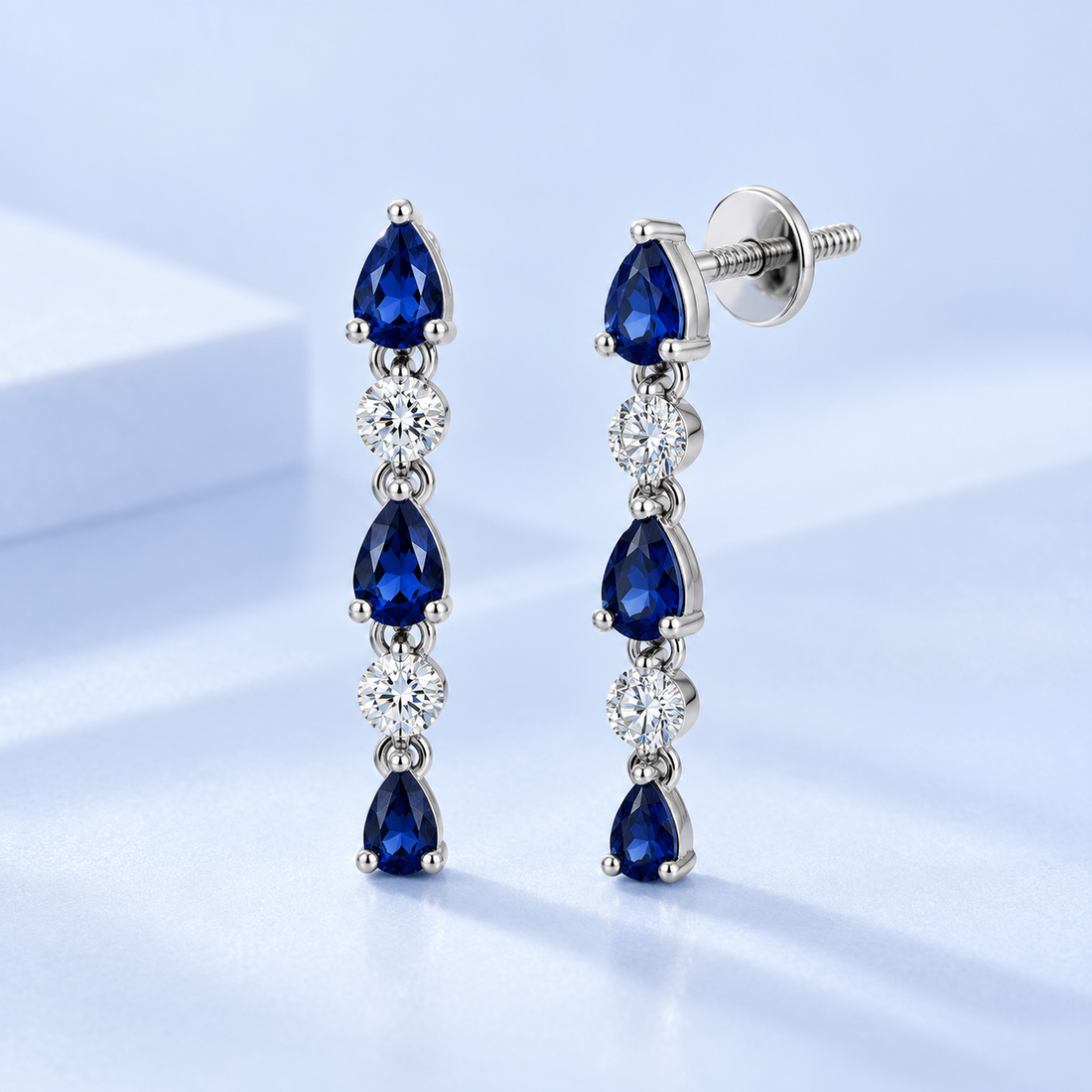 Blue Pear & Round White Stone Drop Earrings with Screw Backs