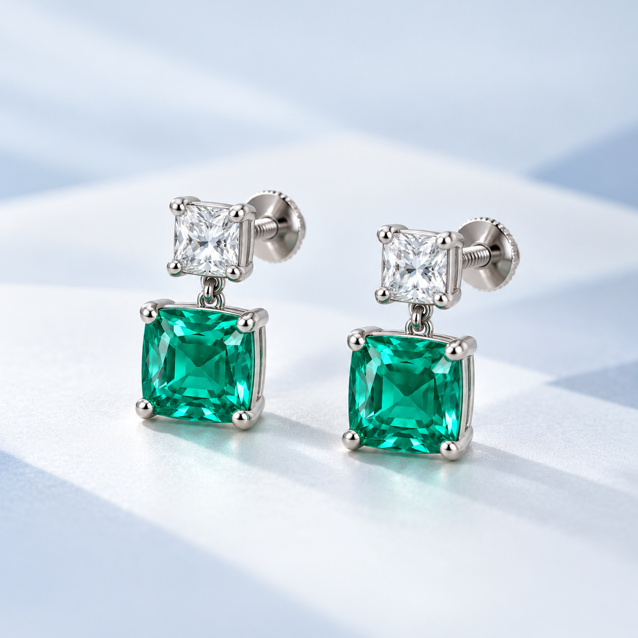 Green Square & Clear Princess Cut Two-Stone Drop Earrings