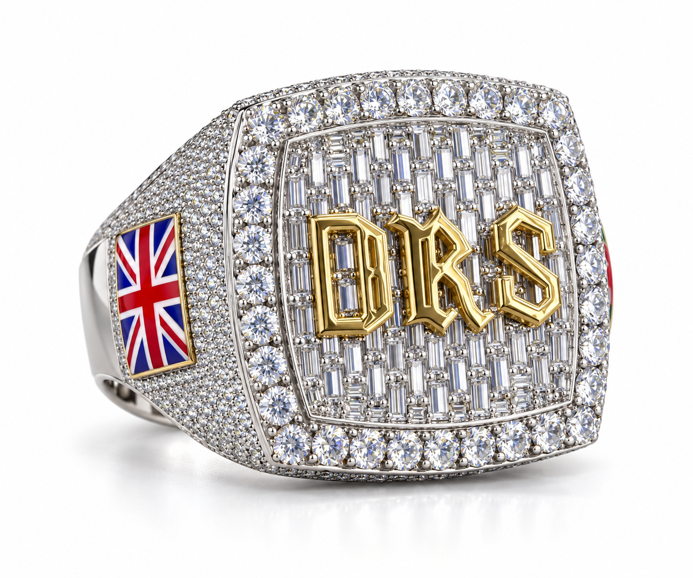 Custom Gothic Initial Baguette Iced Out Two Tone Ring – Flag Detail Hip Hop Jewelry