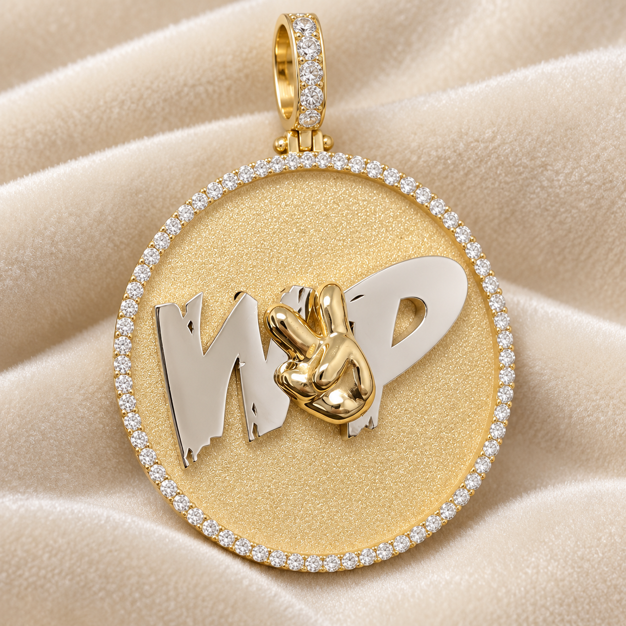 Custom Two Tone Peace Sign Round Medallion Pendant – Gold Tone Hip Hop Jewelry