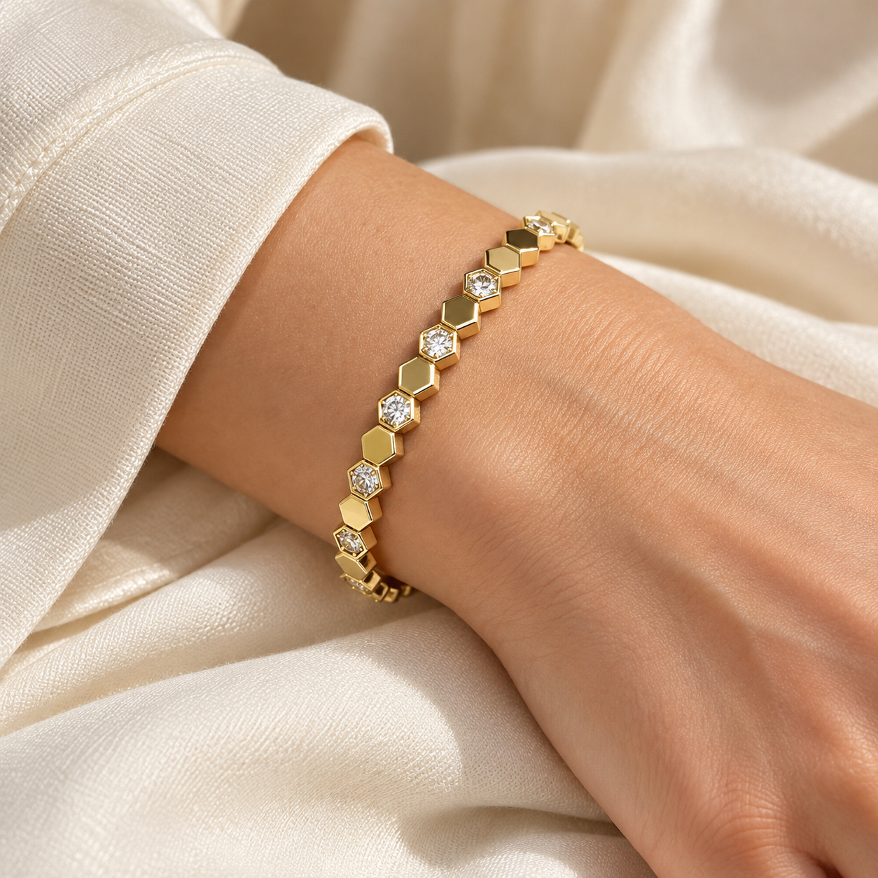 Clear Round Stone Alternating Hexagon Yellow Gold-Tone Bangle Bracelet