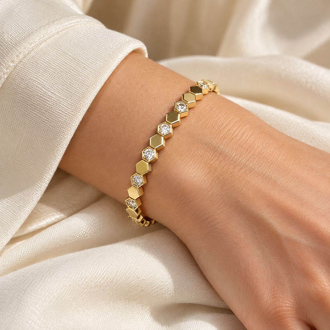 Clear Round Stone Alternating Hexagon Yellow Gold-Tone Bangle Bracelet