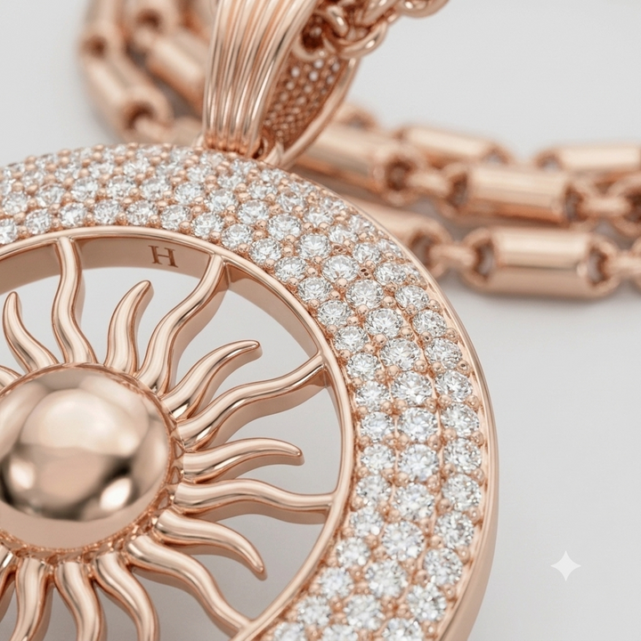 Gold Sun Medallion Diamond Celestial Necklace for Men