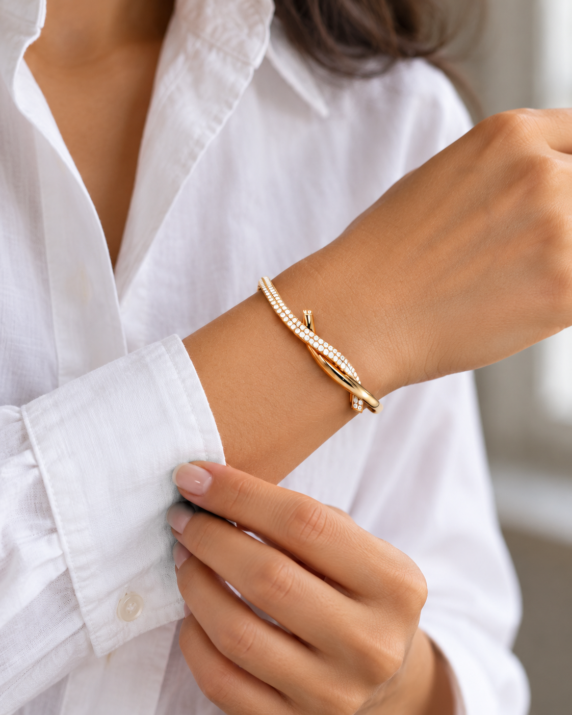 Yellow Gold Tone Pavé Crossover Bangle Bracelet
