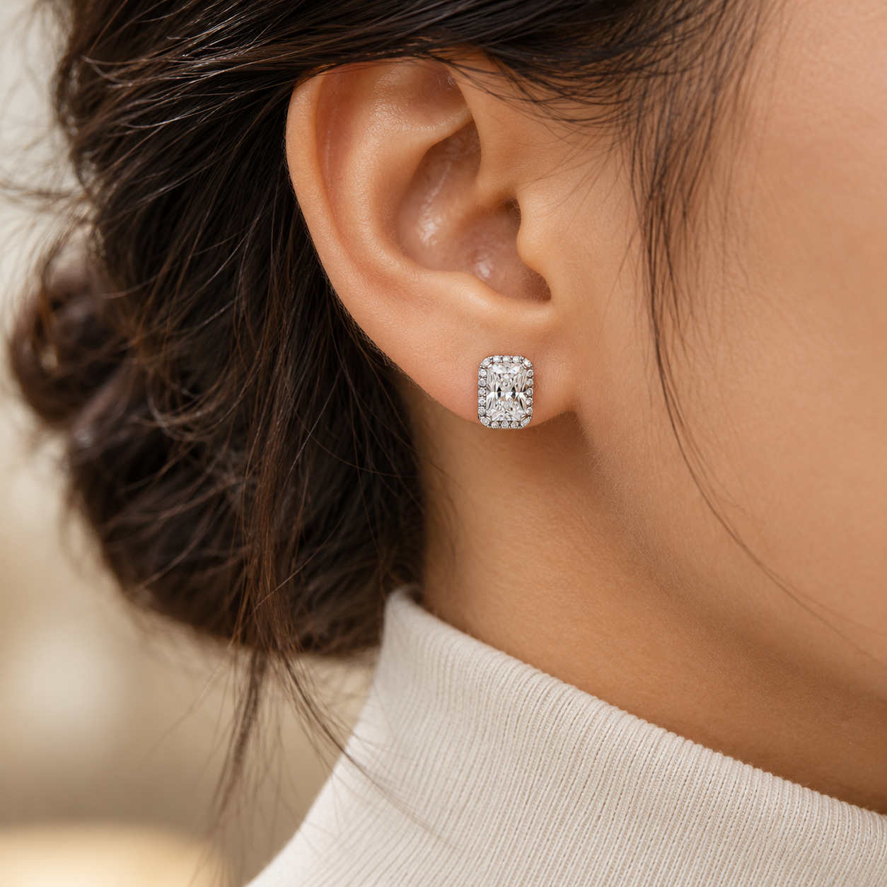 Radiant Cut Halo Stud Earrings with Screw Backs