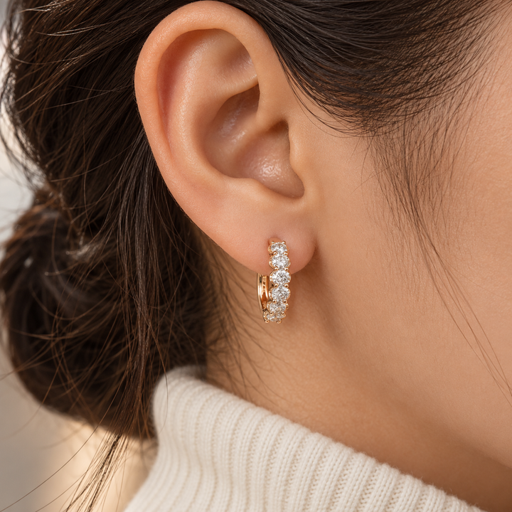 Round Stone Six-Stone Hoop Earrings in Rose Gold Tone