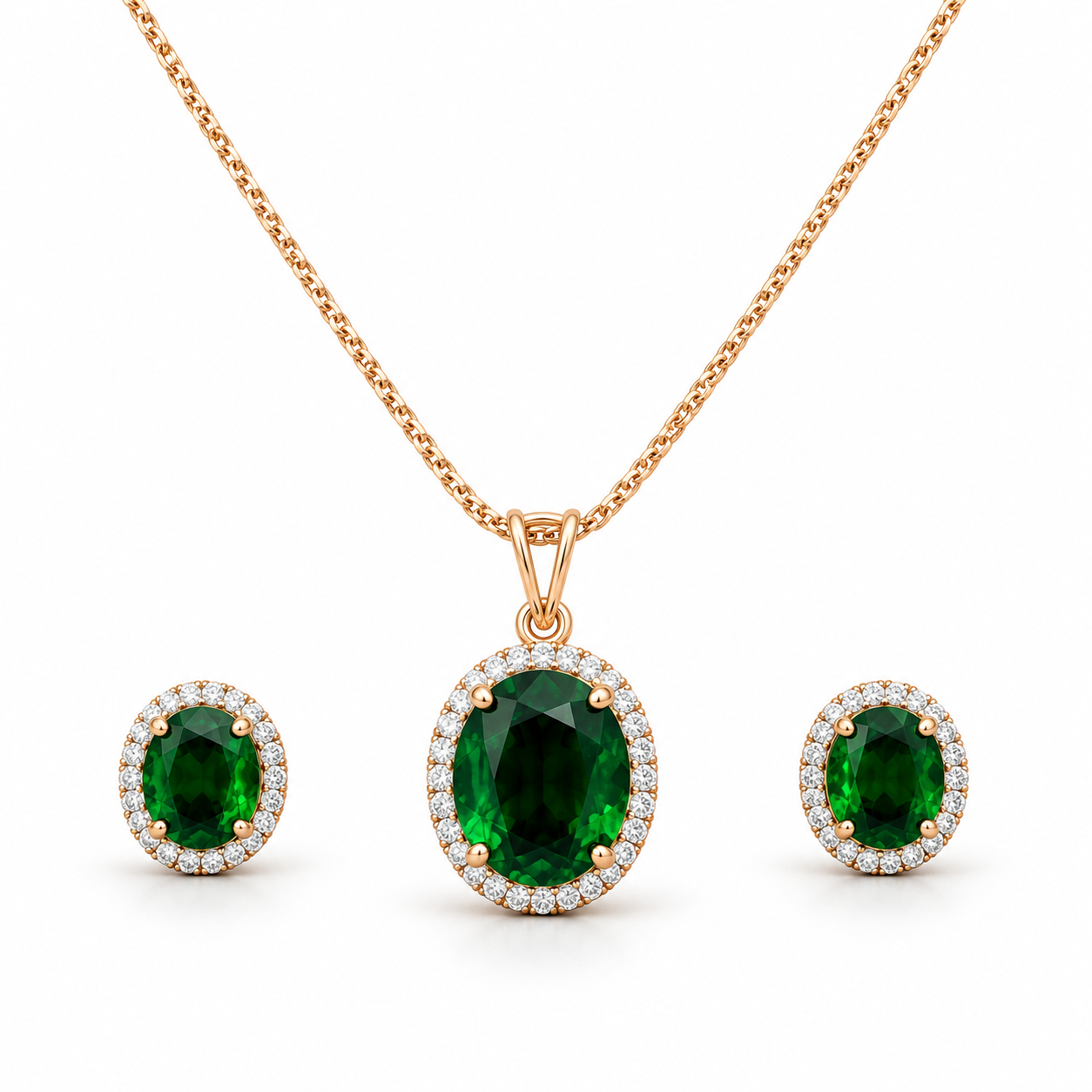 Oval Green Halo Yellow Gold-Tone Pendant and Stud Earrings Set