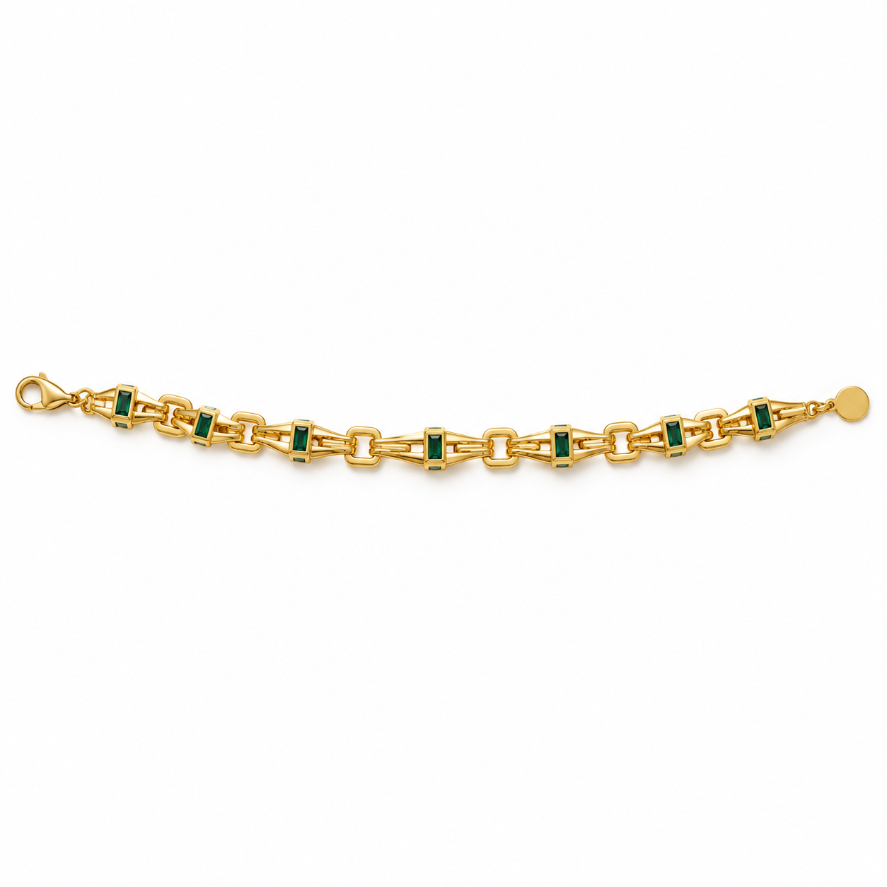 Green Rectangular Stone Yellow Gold-Tone Geometric Link Bracelet