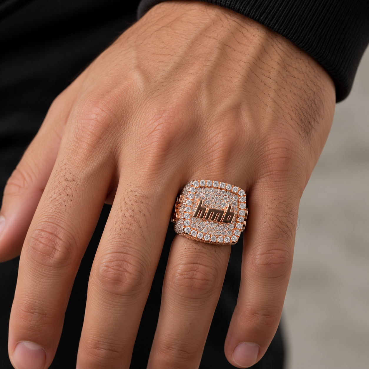 Custom Letter Logo Iced Out Rose Gold-Tone Square Ring – Hip Hop Statement Jewelry