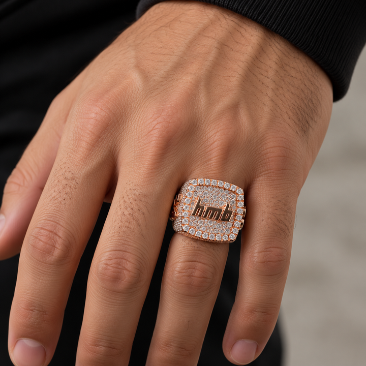 Custom Letter Logo Iced Out Rose Gold-Tone Square Ring – Hip Hop Statement Jewelry