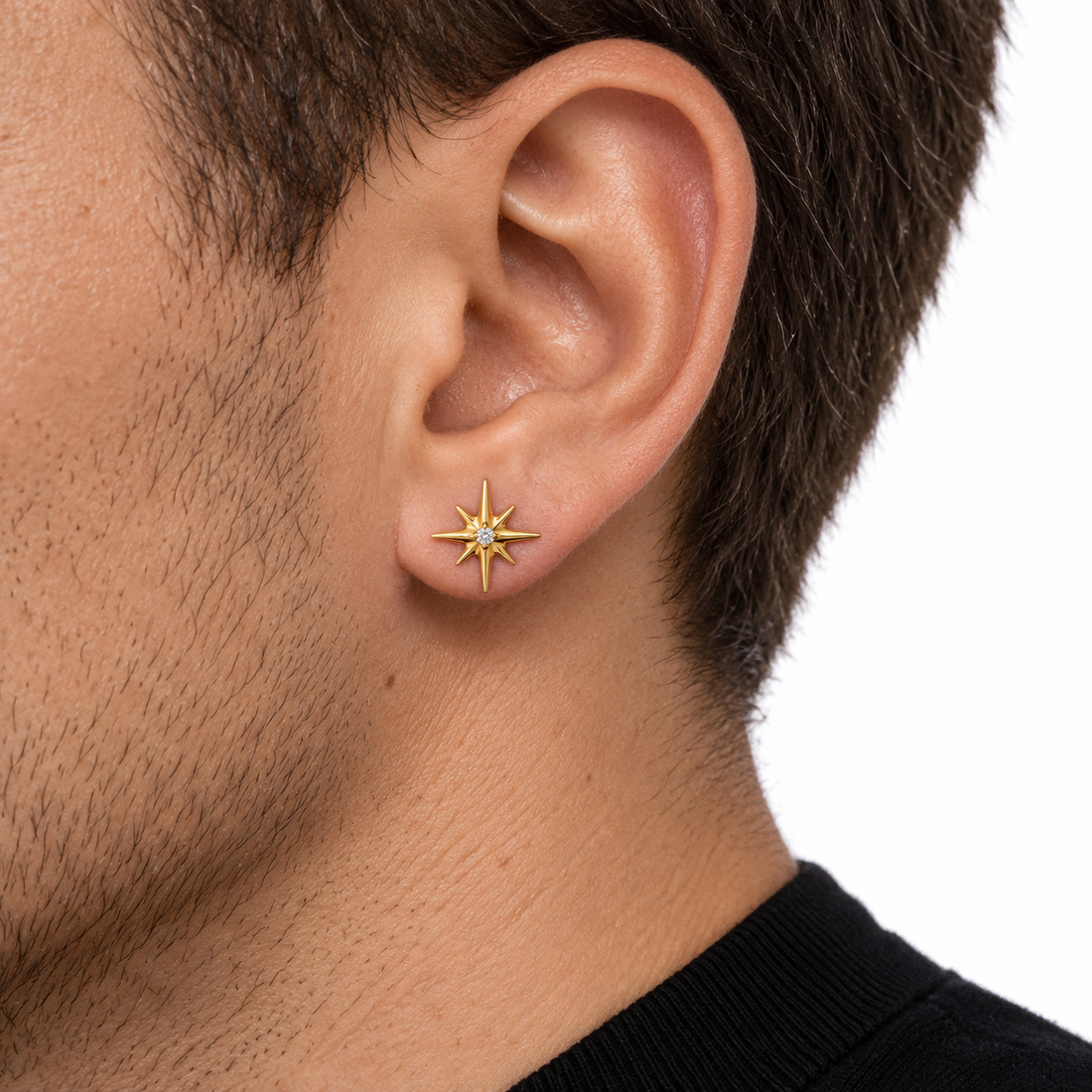 Men’s Eight-Point Star Yellow Gold-Tone Stud Earring with Round Center Stone