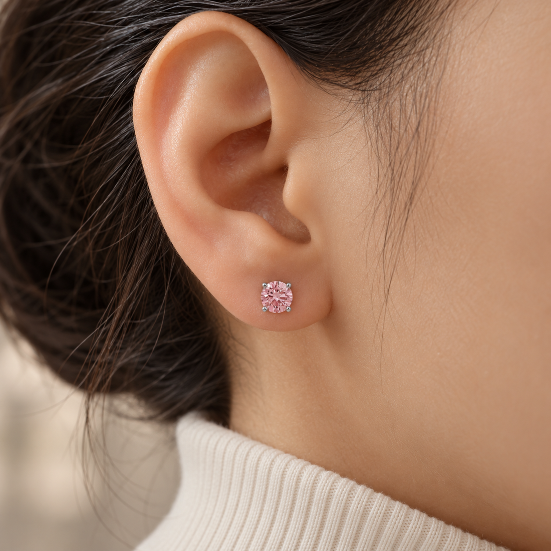 Pink Round Solitaire Stud Earrings in White Gold Tone