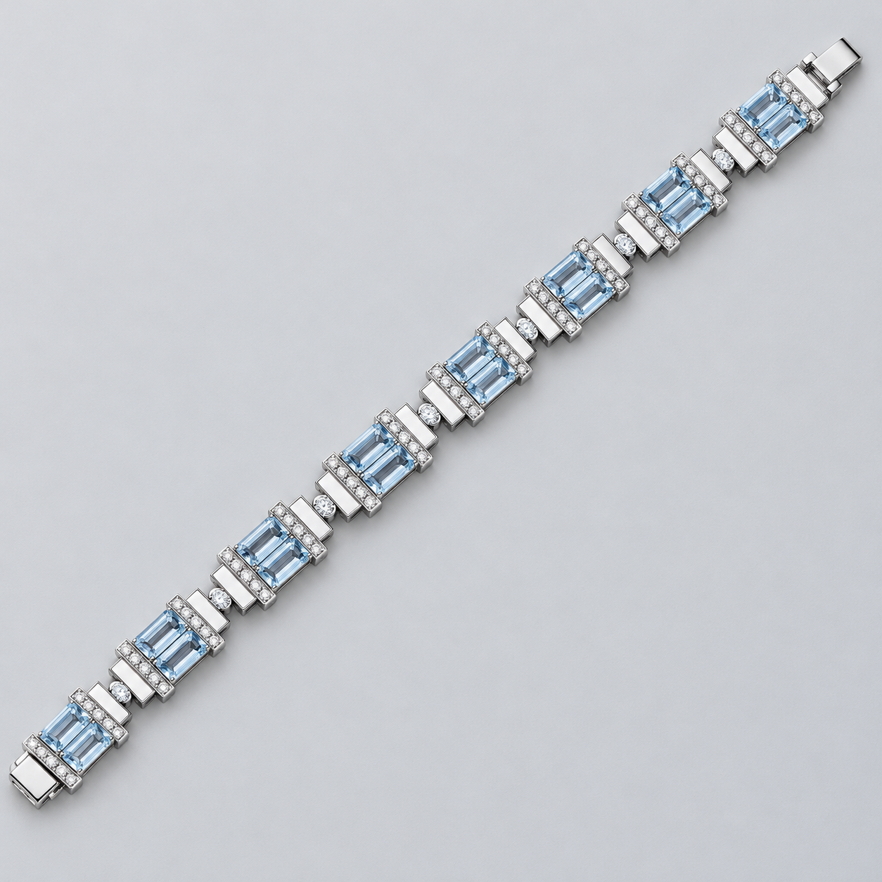 Silver-Tone Light Blue Emerald-Cut Double-Stone Geometric Link Bracelet
