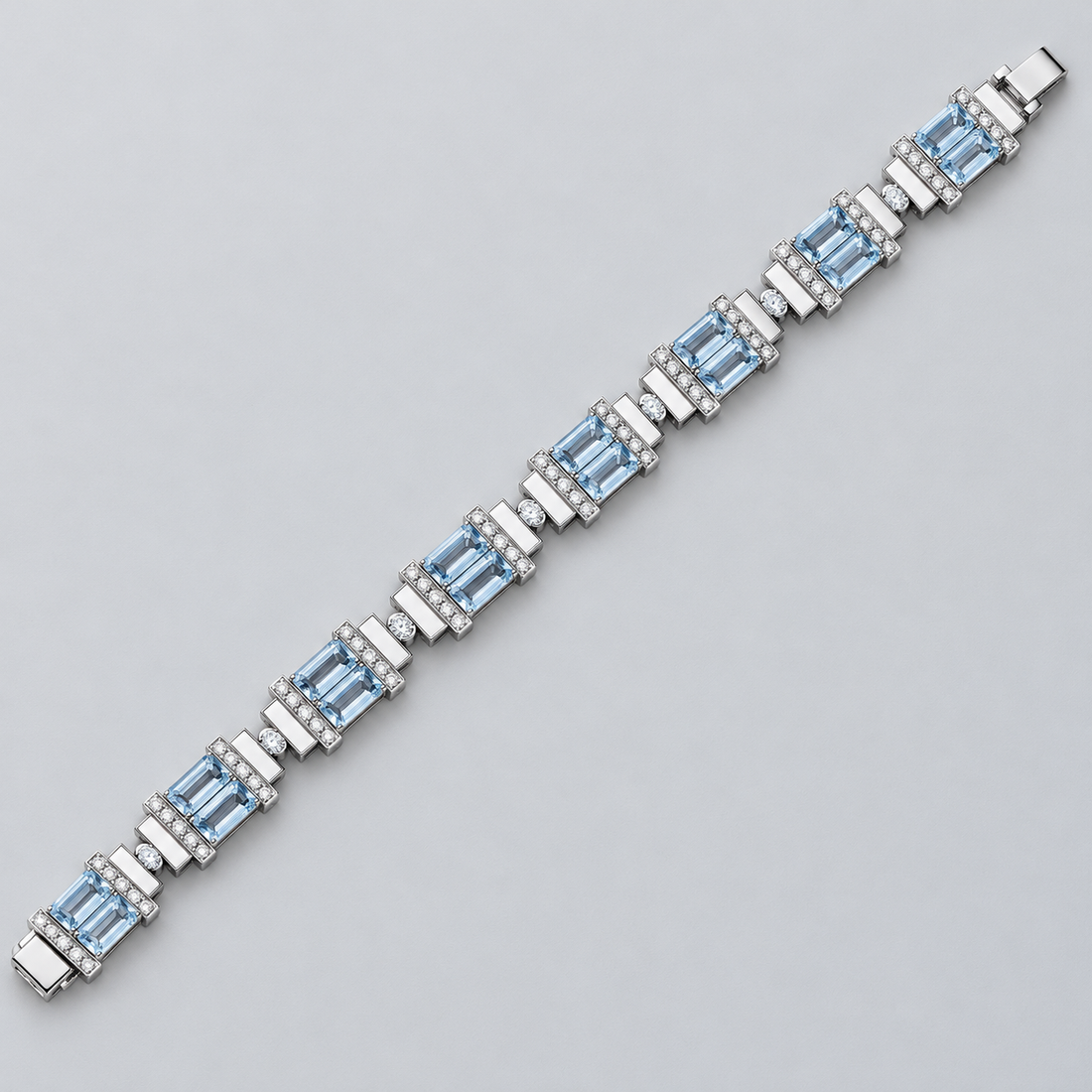 Silver-Tone Light Blue Emerald-Cut Double-Stone Geometric Link Bracelet
