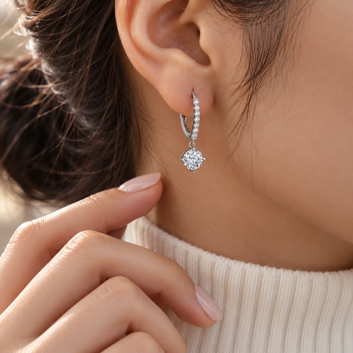 Round Solitaire Drop Earrings with Pavé Hinged Hoops