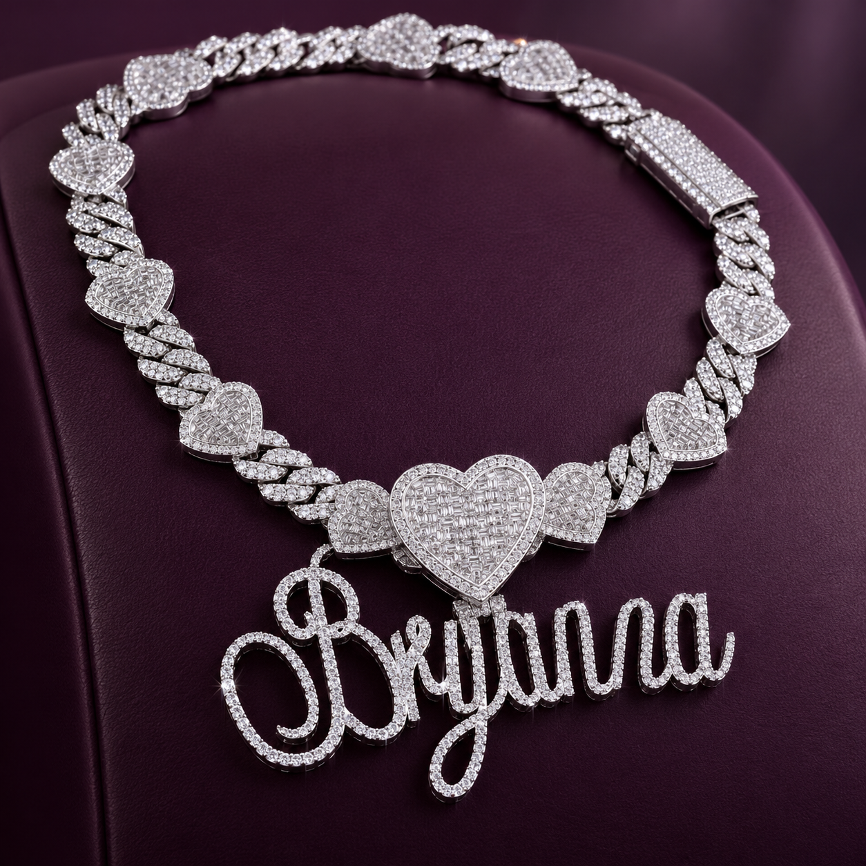 Custom Script Name & Heart Cuban Link Necklace – White Gold-Tone Iced Out Jewelry