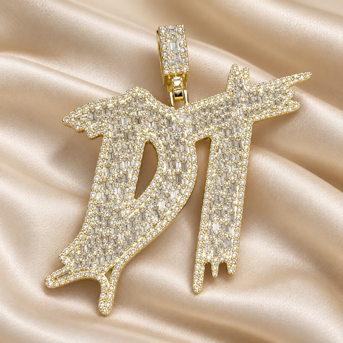 DT Initial Yellow Gold-Tone Pendant with Baguette and Round Stones in Dripping Graffiti Style