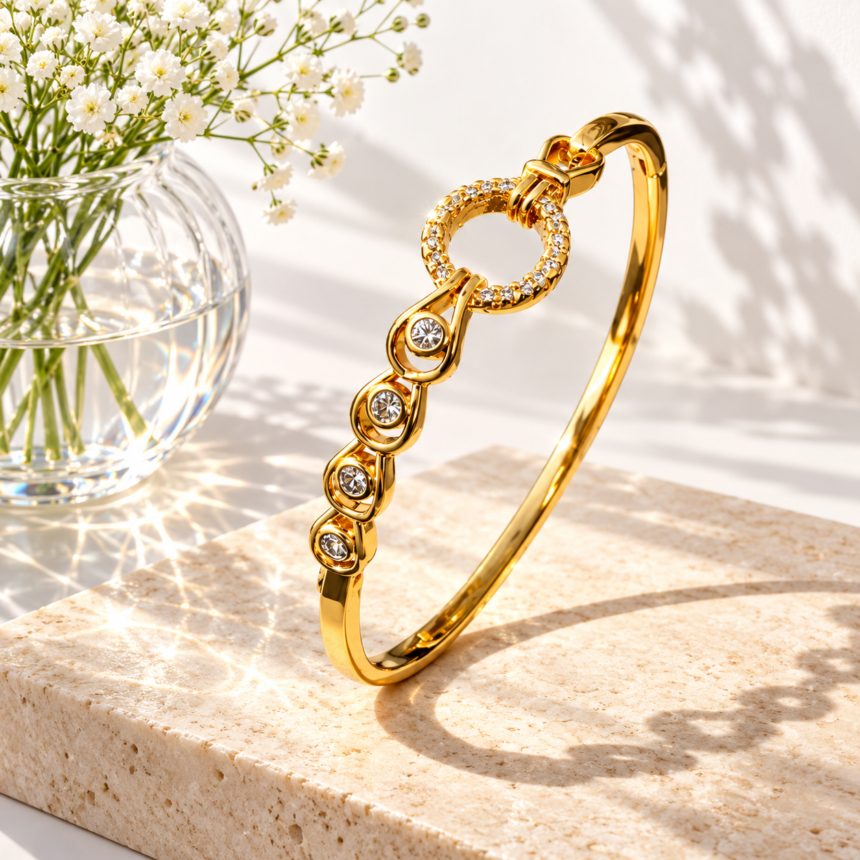 Yellow Gold-Tone Pavé Circle & Teardrop Motif Bangle Bracelet