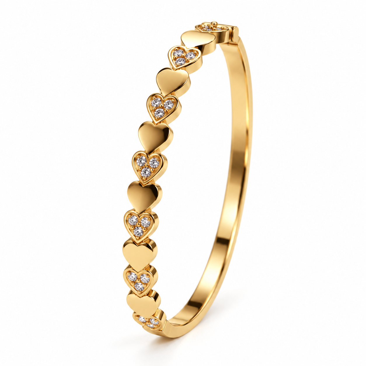 Alternating Heart Clear Stone Yellow Gold-Tone Bangle Bracelet