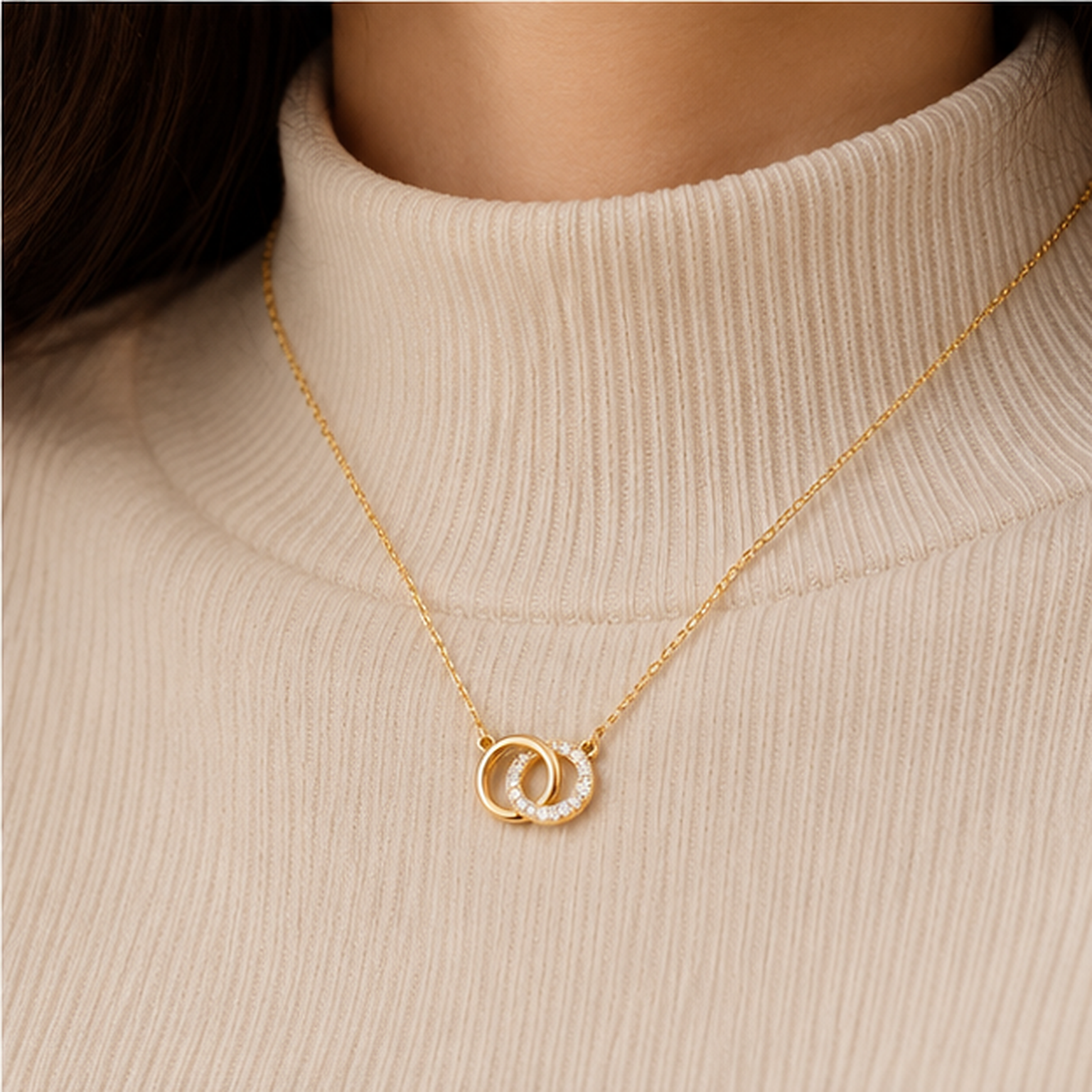 Interlocking Double Circle Pavé Yellow Gold Necklace
