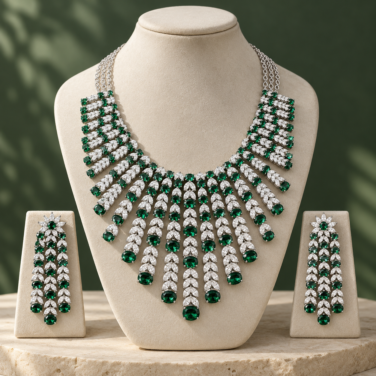 Green Stone and Marquise Leaf Fringe Bridal Necklace and Earrings Set