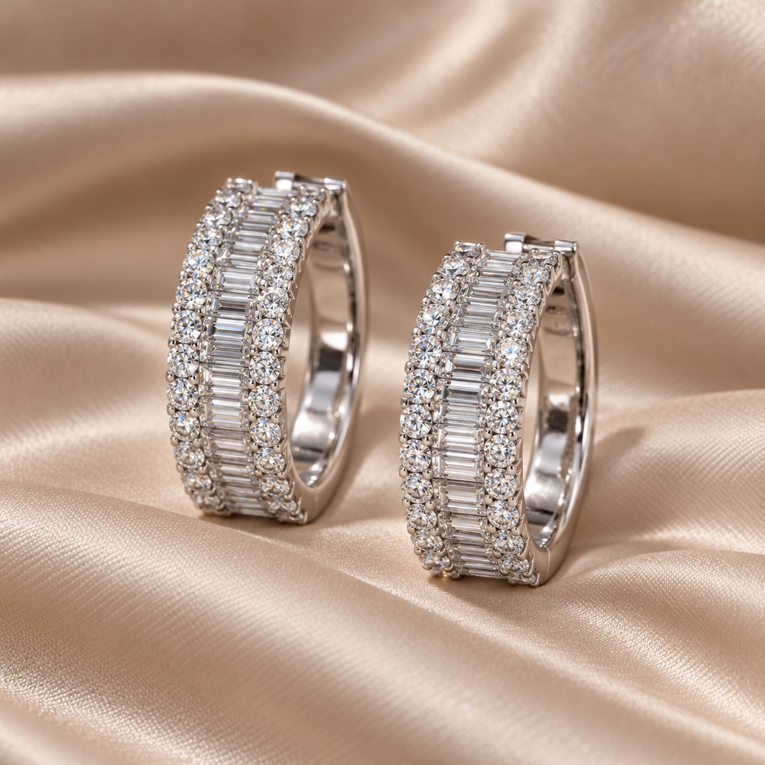 Baguette & Round Stone Three Row White Gold-Tone Bali Hoop Earrings – Custom Iced Out Jewelry