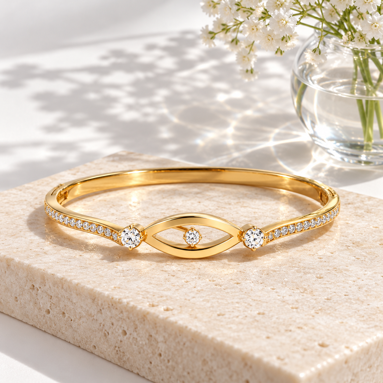 Yellow Gold-Tone Open Eye Motif Clear Stone Bangle Bracelet
