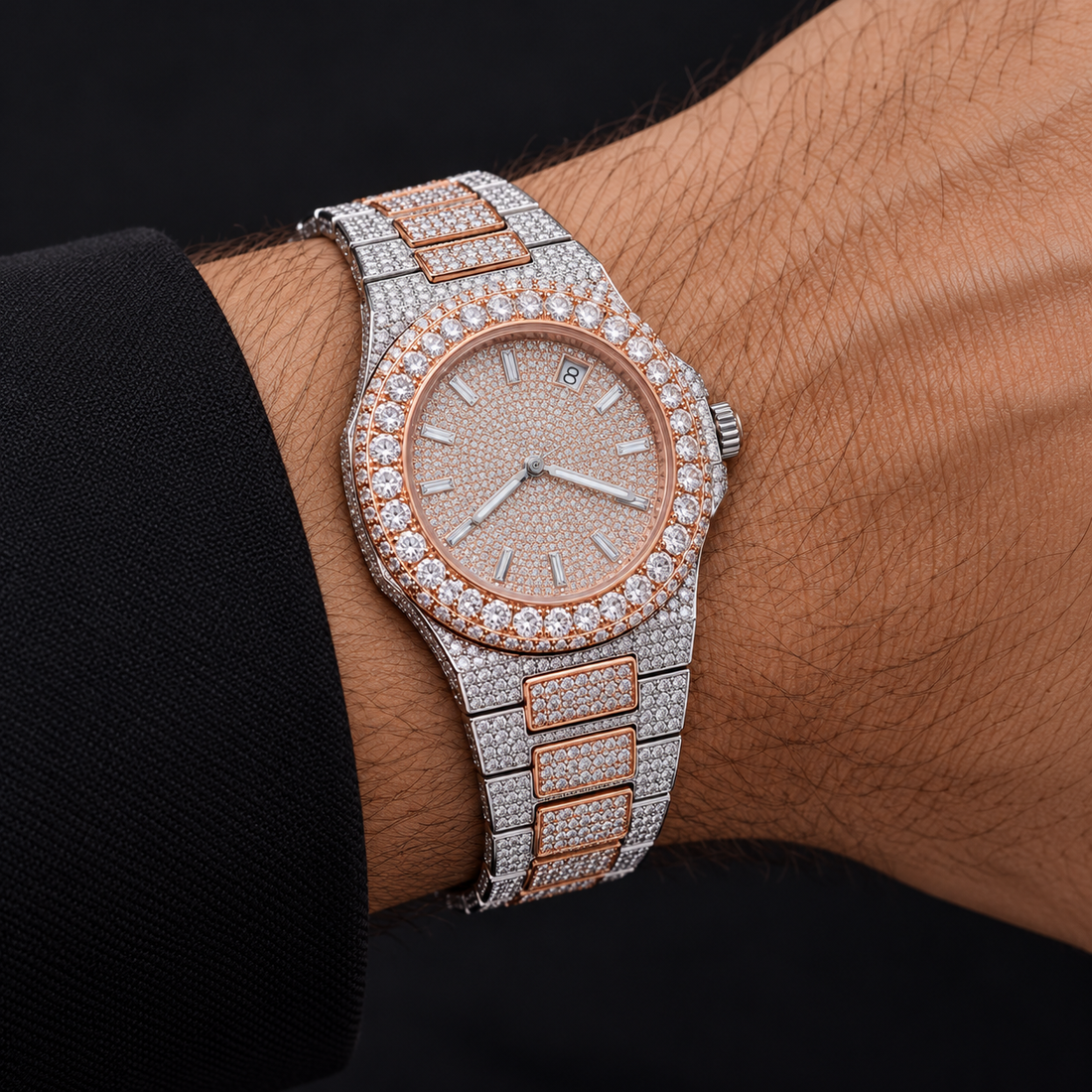 Iced Out Round Two Tone Rose Gold & Silver-Tone Watch – Custom Diamond Statement Watch