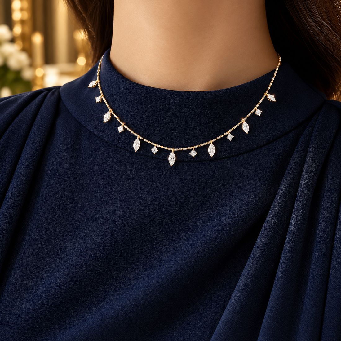 Marquise & Princess Cut Drop Yellow Gold Station Necklace