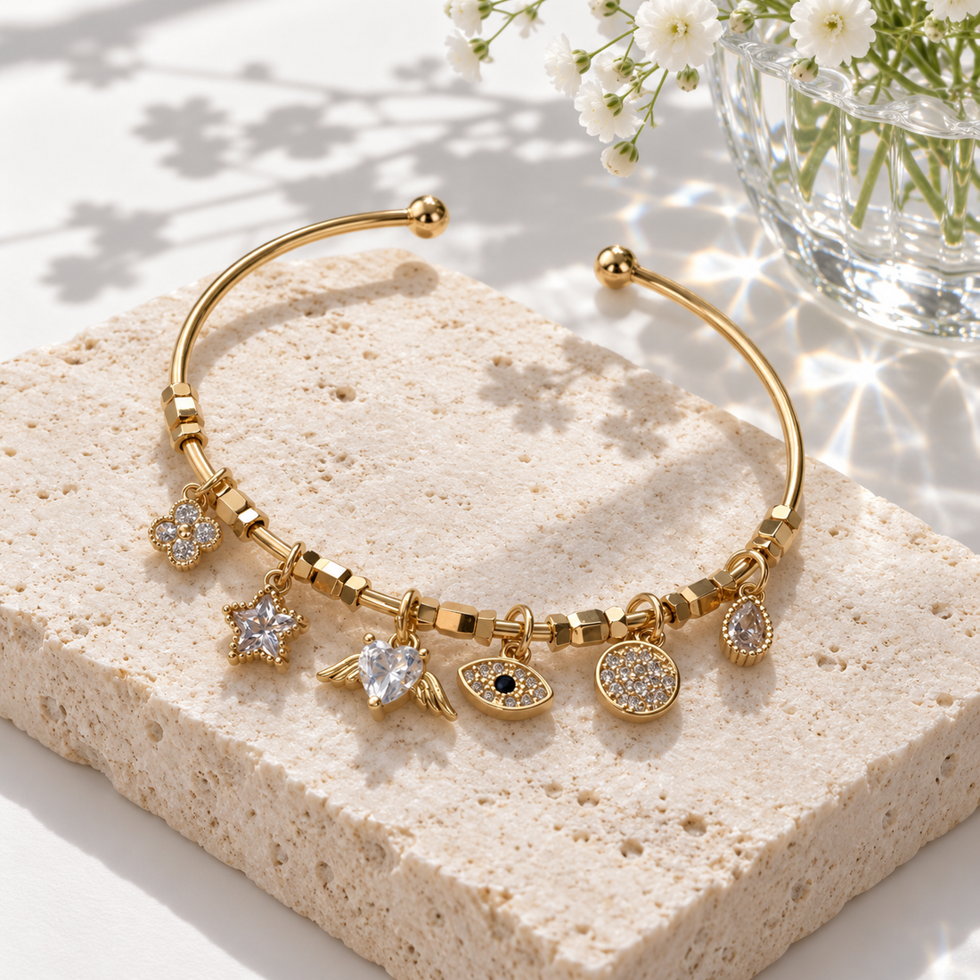 Clear Stone Winged Heart and Evil Eye Yellow Gold-Tone Charm Cuff Bracelet