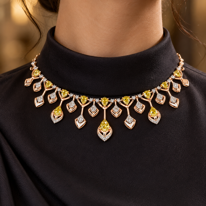 Yellow Pear Stone Fringe Necklace in Rose Gold Tone
