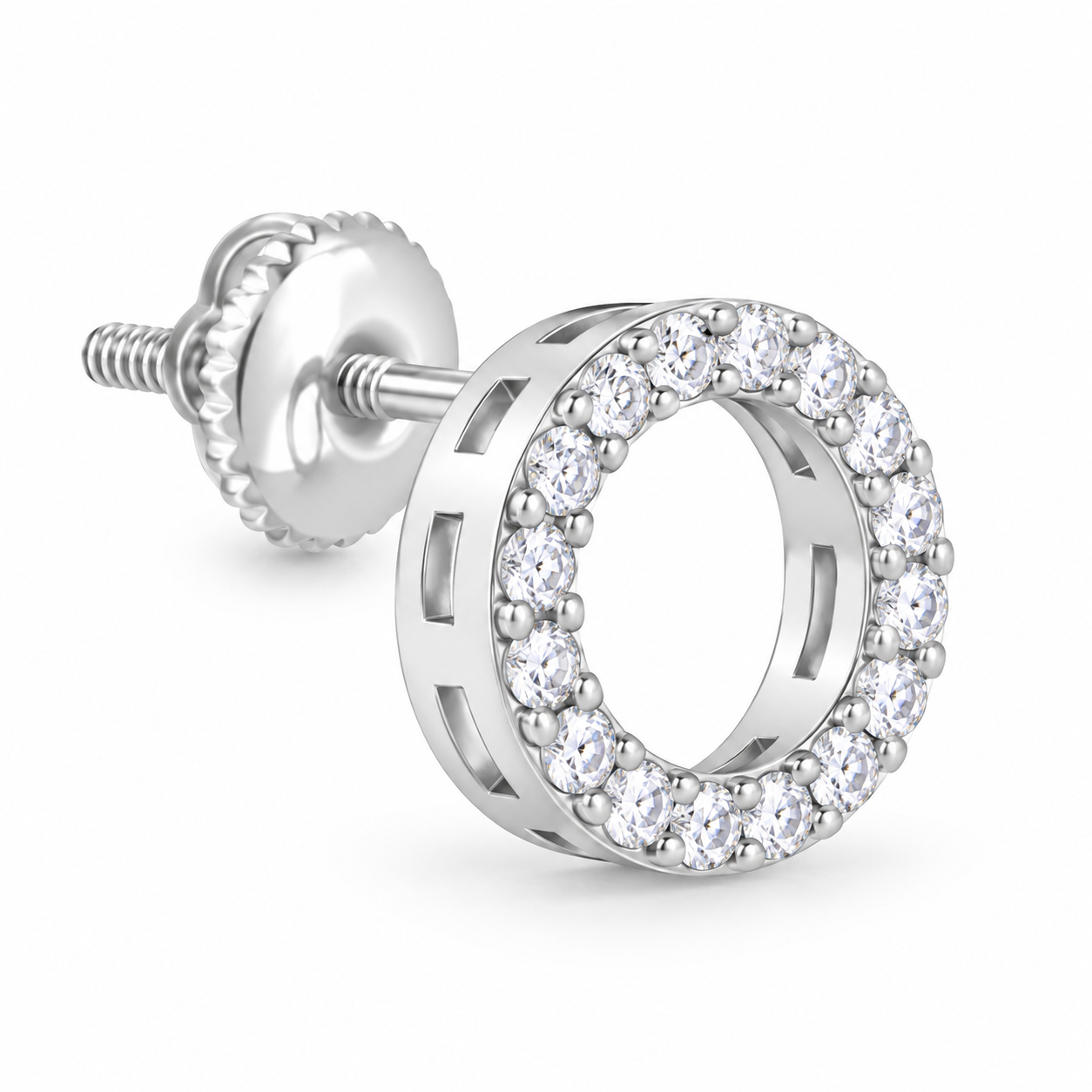 Men’s Open Circle Round Stone Silver-Tone Stud Earring