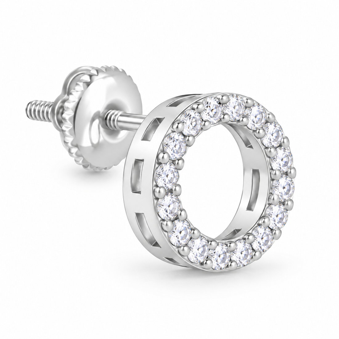 Men’s Open Circle Round Stone Silver-Tone Stud Earring