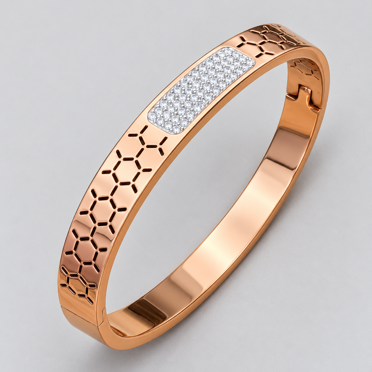 Rose Gold-Tone Honeycomb Cutout Bangle with Pavé Center Panel