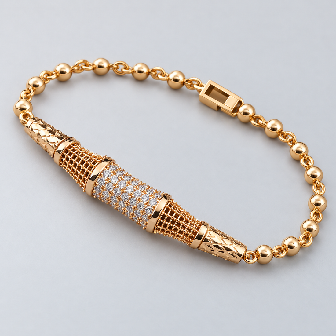 Gold-Tone Clear Stone Barrel Centerpiece Beaded Link Bracelet