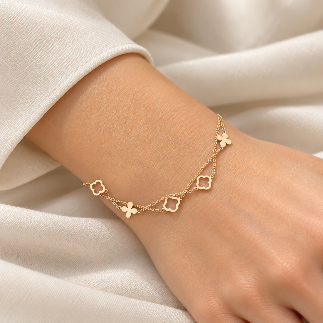 Yellow Gold-Tone Double Chain Clover Station Bracelet