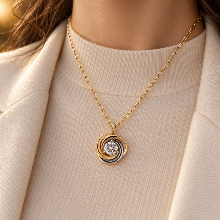 Two Tone Round Cut Solitaire Swirl Gold Pendant Necklace