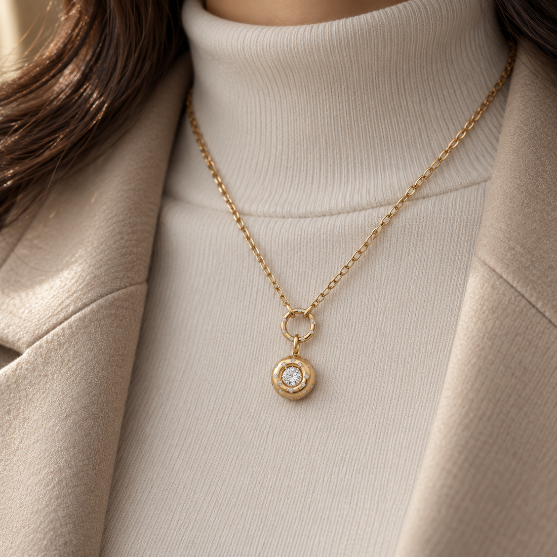 Round Cut Solitaire Dome Drop Yellow Gold Pendant Necklace