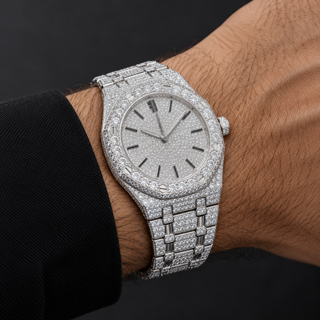 Iced Out Octagonal Date Dial Silver-Tone Watch – Custom Diamond Statement Watch