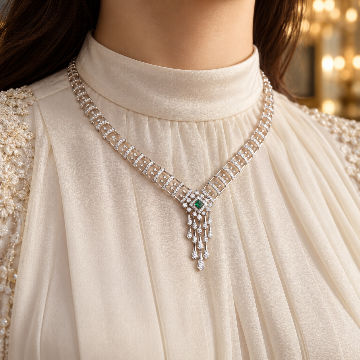 Green Princess Cut Diamond Fringe White Gold Statement Necklace