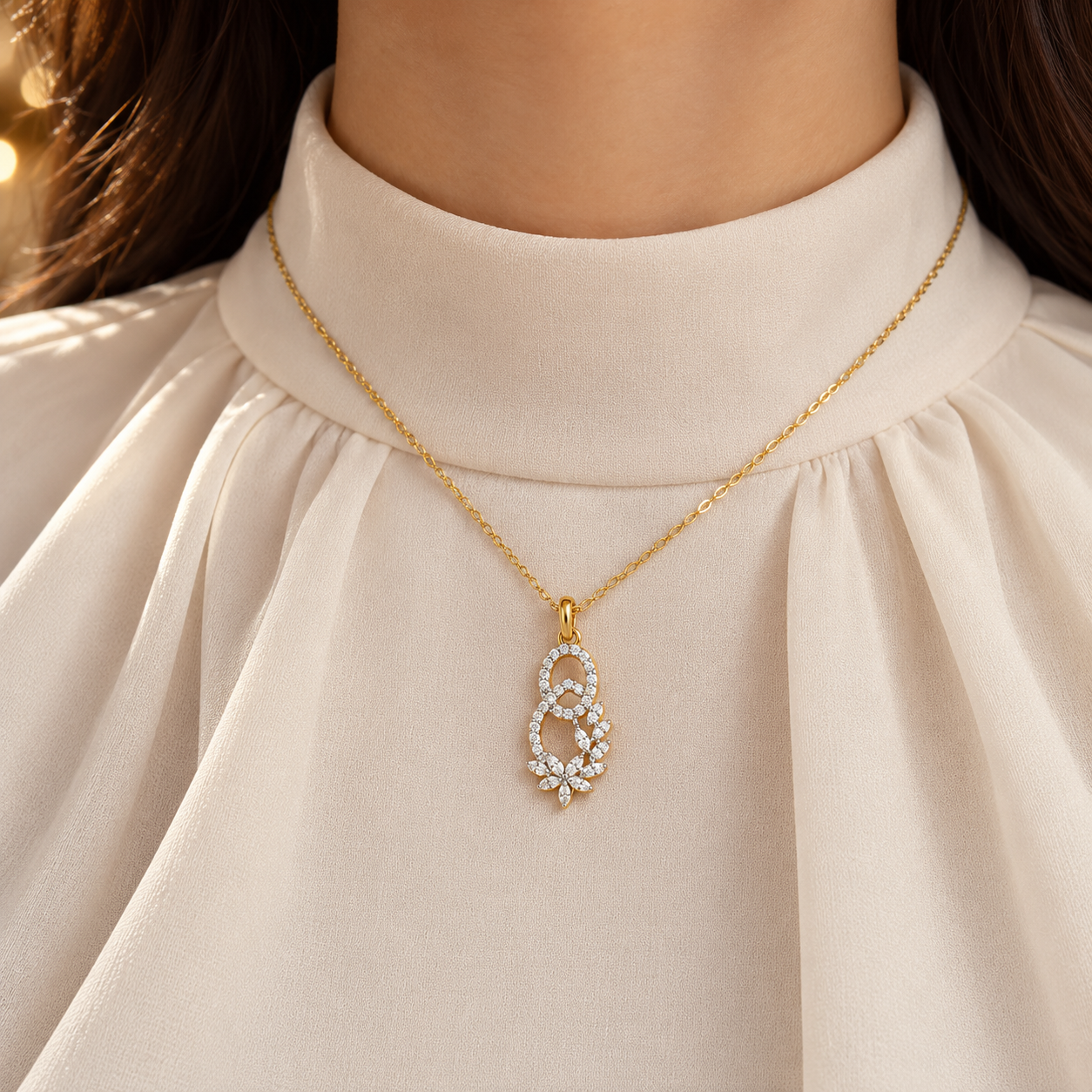 Interlocking Oval Marquise Floral Yellow Gold Pendant Necklace
