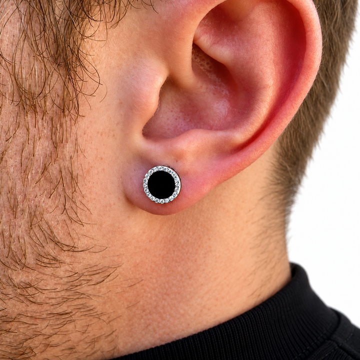 Men’s Round Black Center Halo Silver-Tone Stud Earring