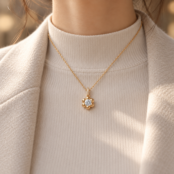 Round Cut Solitaire Six Petal Yellow Gold Flower Pendant Necklace