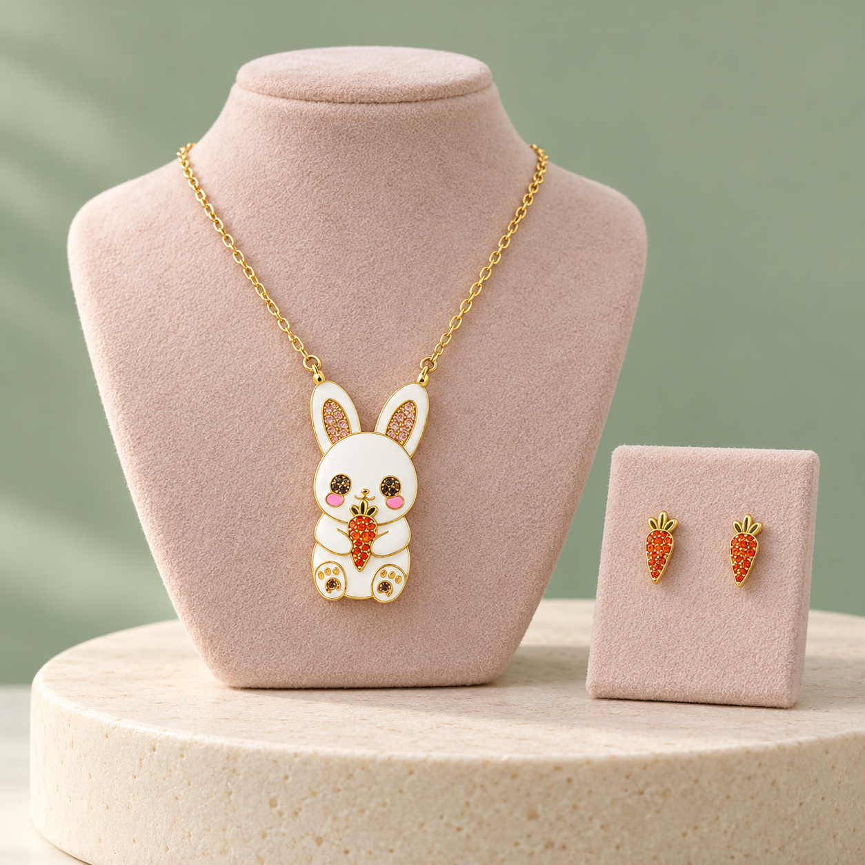 White Bunny and Carrot Jewellery Set with Gold-Tone Detailing and Colorful Stone Accents