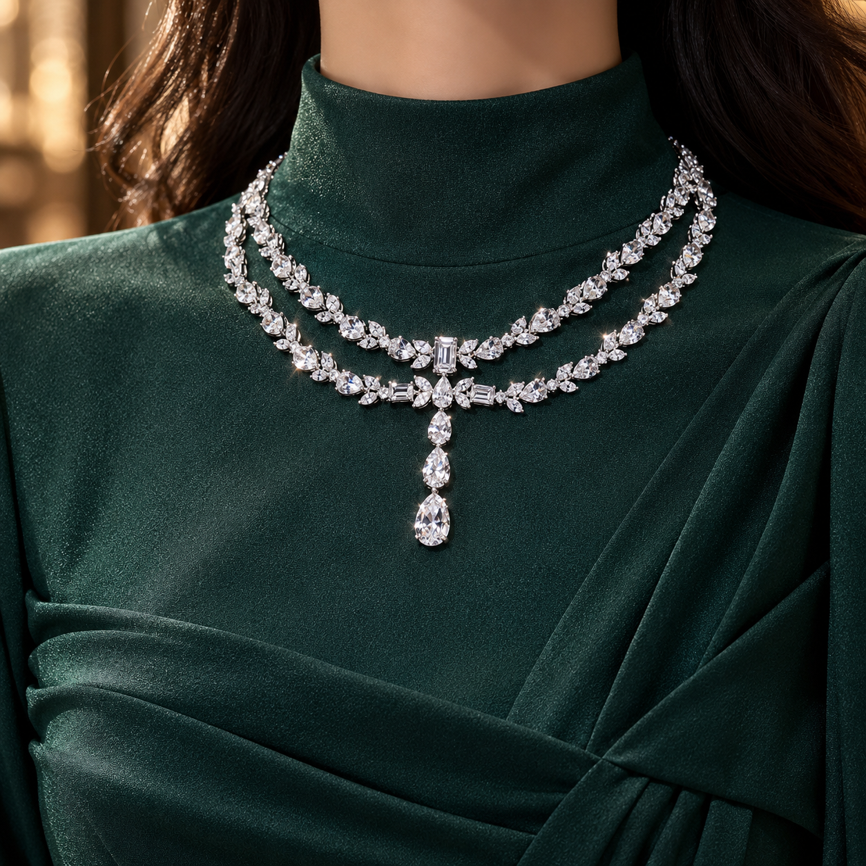 Double Row Marquise & Pear Drop White Gold Statement Necklace